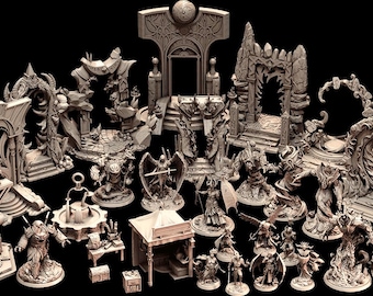 May include: A selection of miniature fantasy figurines and terrain pieces, including archways, statues, and figures of warriors and mythical creatures. The pieces are in a neutral colour, suitable for painting and customisation. The set includes a variety of architectural elements and characters.