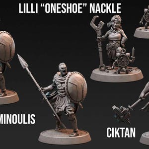 May include: A collection of detailed miniature figurines, including a warrior with a spear and shield, a female figure with a staff, and a lion-headed warrior. The figurines are gray and stand on circular bases. Text includes "LILLI 'ONESHOE' NACKLE", "GEORGIOS MINOULIS", and "CIKTAN".