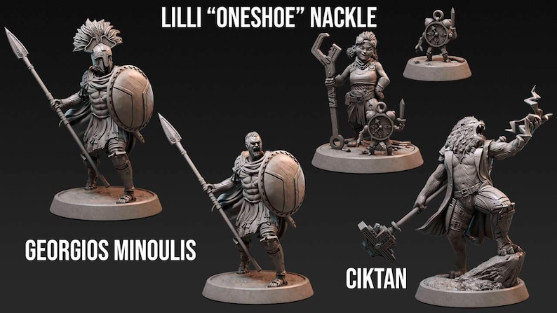 May include: A collection of detailed miniature figurines, including a warrior with a spear and shield, a female figure with a staff, and a lion-headed warrior. The figurines are gray and stand on circular bases. Text includes "LILLI 'ONESHOE' NACKLE", "GEORGIOS MINOULIS", and "CIKTAN".