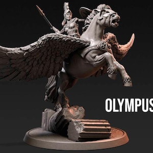 May include: A detailed sculpture of a winged horse with a rider, labeled "OLYMPUS RIDER." The figure is in a dynamic pose, with the horse rearing up. The rider holds a spear. The sculpture is on a round base.