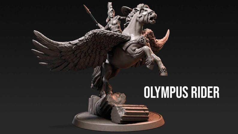 May include: A detailed sculpture of a winged horse with a rider, labeled "OLYMPUS RIDER." The figure is in a dynamic pose, with the horse rearing up. The rider holds a spear. The sculpture is on a round base.
