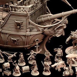 May include: A detailed, brown miniature pirate ship with intricate carvings, a figurehead, and various figurines of pirates and monsters. The collection includes a cannon, barrels, and other nautical elements.