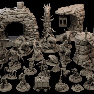 Puede incluir: Una colección de piezas de terreno y figuras de fantasía en miniatura grises, que incluyen arcos, puentes y criaturas. El conjunto presenta esculturas detalladas de dragones, monstruos y elementos de mazmorras, adecuadas para juegos de mesa.