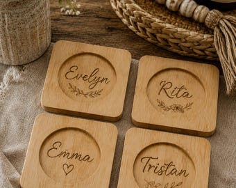 Personalized Bamboo Coaster Set of 4, Custom Engraved Family Name Home Gift