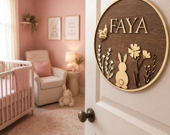 Personalized Wooden Name Sign | Floral Bunny Nursery Decor, Baby Shower Gift