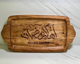 Welcome Ramadan Wooden Tray – Arabic Calligraphy Engraved Serving Board, Islamic Home Decor, Ramadan Gift