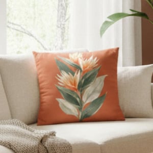 Funda de almohada con estampado de aves del paraíso, cojín botánico tropical de hojas naranjas, funda de almohada