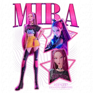 May include: Digital illustration featuring a stylized female character with pink hair and a black crop top. The image includes the name "MIRA" in pink, along with the text "KPOP DEMON HUNTERS". The character is wearing a yellow skirt and black boots.
