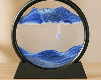 Blue moving sand painting decorative object relaxing modern round frame