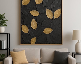 Modern Relief Wall Art - Textured Gold and Black Leaves