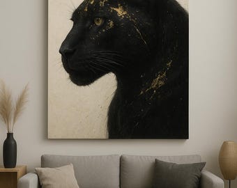 Abstract Black Panther Painting – Gold Accents – Modern Animal Canvas