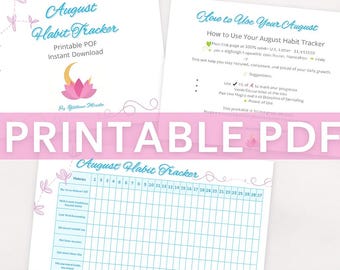 May include: Printable PDF habit tracker for August, featuring a floral design and the text "August Habit Tracker." Includes a guide on how to use the tracker. The design is in shades of blue and pink.