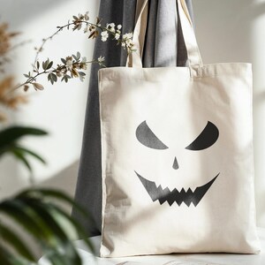 Minimalist Halloween Tote Bag, Scary Face Canvas Bag, Spooky Trick or Treat Bag, Eco Friendly Pumpkin Tote, Creepy Halloween Gift