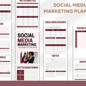 May include: A collection of social media marketing planner pages. The pages are white with burgundy accents and include sections for LinkedIn, TikTok, Twitter, and advertising. The title "Social Media Marketing Planner & Tracker" is displayed prominently.