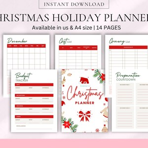May include: A Christmas Holiday Planner with various pages for planning, including a December calendar, gift list, grocery list, budget tracker, and preparation countdown. The planner is available in US and A4 sizes.