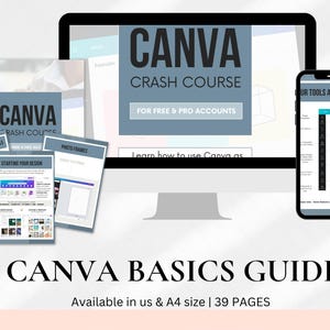 Puede incluir: Una guía de diseño digital con el texto "CANVA CRASH COURSE" y "CANVA BASICS GUIDE". La imagen incluye un monitor de ordenador, un smartphone y varias guías impresas. Las guías cubren temas como marcos de fotos y conceptos básicos de diseño.