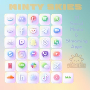 May include: A digital graphic with the text "MINTY SKIES" and "31 Social Media & Streaming Apps." The image features a grid of app icons, including Prime, Discord, Pinterest, Spotify, and others, in a pastel color scheme.