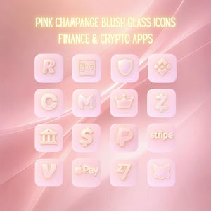 May include: Pink champagne blush glass icons for finance and crypto apps. The image features a grid of sixteen square icons with various symbols and the text "stripe" and "Pay". The icons are in a soft pink color with gold accents.