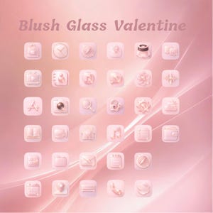 Puede incluir: Un conjunto de iconos de aplicaciones rosas y blancos con apariencia de cristal. Los iconos incluyen un reloj, una cámara, una nota musical y otros símbolos. El texto "Blush Glass Valentine" está en la parte superior de la imagen.