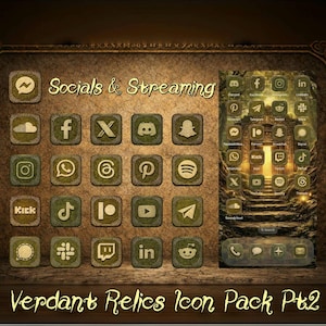 Könnte beinhalten: Ein digitales Icon-Paket mit einer grünen, antiken Ästhetik. Das Paket enthält Social-Media- und Streaming-App-Icons wie Facebook, Instagram und Spotify in einem quadratischen, strukturierten Design. Der Text "Socials & Streaming" und "Verdant Relics Icon Pack Pt2" sind ebenfalls sichtbar.