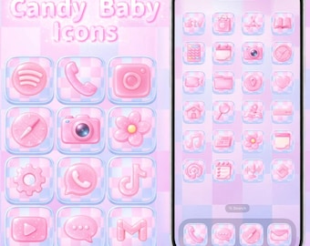 Candy Baby System Apps & Socials, 60 Pink and Blue Mini Icon Pack for iOS