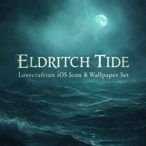 May include: Digital artwork with the title "Eldritch Tide" and the subtitle "Lovecraftian iOS Icon & Wallpaper Set." The image shows a turbulent sea under a full moon, rendered in shades of teal and blue, creating a dramatic atmosphere.
