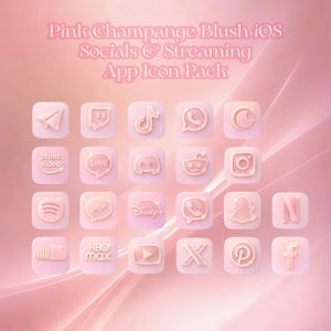 May include: Pink iOS app icon pack with a champagne blush theme. The pack includes icons for social media and streaming apps, such as Instagram, Netflix, and Disney+. The text on the image reads "Pink Champagne Blush iOS Socials & Streaming App Icon Pack."