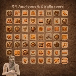 May include: A set of 54 app icons and 2 wallpapers in a vintage style, with a textured appearance. The icons are square and feature a warm, earthy colour scheme. The text "54 App Icons & 2 Wallpapers" is at the top. A statue is in the lower left corner.