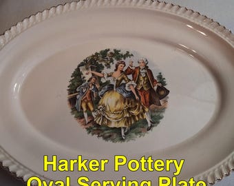 Harker Pottery Oval Serving Plate – 22 KT Gold Trim – Colonial Couple Scene