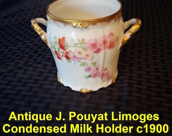 Antique J. Pouyat Limoges Condensed Milk Holder c1900 French Porcelain Floral Gold Gilt