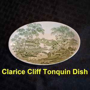 Clarice Cliff Tonquin Dish Royal Staffordshire Green Transferware Oval Plate England Vintage