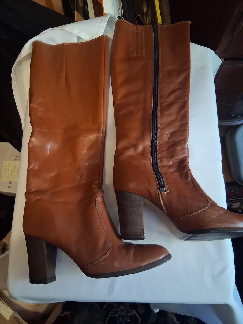 Vintage Brown Leather Knee High Boots: 1970s Heeled Retro Boots, Women ...