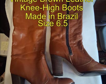 Vintage Brown Leather Knee High Boots: 1970s Heeled Retro Boots, Women's Size 6.5