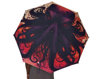 Octopus Umbrella | Red Eyed Sea Monster Design | Gothic Horror Rainwear | Dark Fantasy Style
