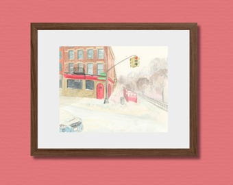 East Village Watercolor Print: Snow Day Scene, Framed 11x14