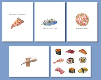 NYC Watercolor Greeting Card Variety Pack: Birthday, Anniversary, Thank You, Sushi, Brooklyn Bridge
