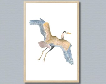 Blue Heron Watercolor Print - Framed Fine Art - 16x24