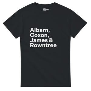 May include: Black t-shirt with white text that reads "Albarn, Coxon, James & Rowntree". The top right corner of the shirt has the text "The Members Club".