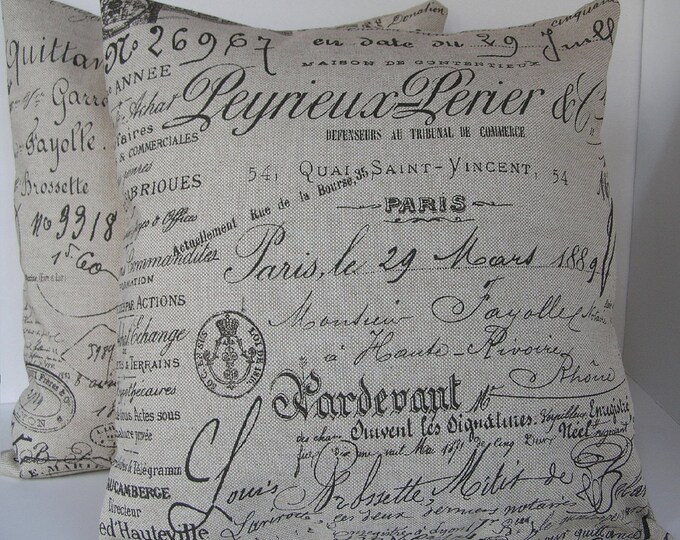 Two 2 French Script Pillow Covers Beige With Chocolate Etsy