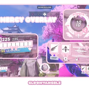 Könnte beinhalten: Ein pinkfarbenes und weißes Overlay für das Spiel Overwatch mit der Figur Mercy. Das Overlay enthält Gesundheitsleisten, Fähigkeitssymbole und den Text "CHI MERCY OVERLAY". Das Design hat eine niedliche, von Anime inspirierte Ästhetik.
