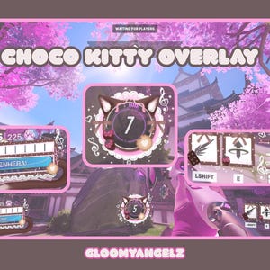 Puede incluir: Superposición de juego rosa y marrón con el texto "CHOCO KITTY OVERLAY". La superposición incluye elementos de interfaz de juego, como barras de salud, un indicador de nivel y una foto de perfil del jugador. El fondo presenta una escena de flor de cerezo.