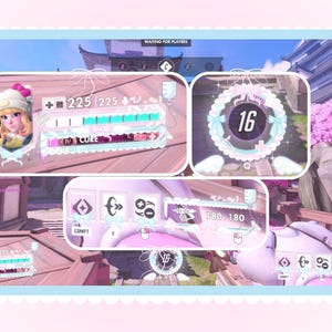 Puede incluir: Una captura de pantalla de un videojuego con una interfaz rosa y blanca. Muestra un retrato de personaje, barras de salud y una pantalla circular que muestra el número 16. Se incluyen elementos decorativos.