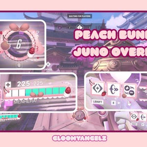 May include: A pink and white digital overlay with the text "PEACH BUNNY JUNO OVERLAY". The overlay includes game interface elements, such as health bars, icons, and a character portrait. The overall theme is cute and feminine.