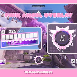 May include: Pink Angel Overlay design for gaming, with a pink and white colour scheme. The overlay includes a character portrait, health bar, and a circular element with the number 15. Text includes "PINK ANGEL OVERLAY" and "GLOOMYANGELZ".