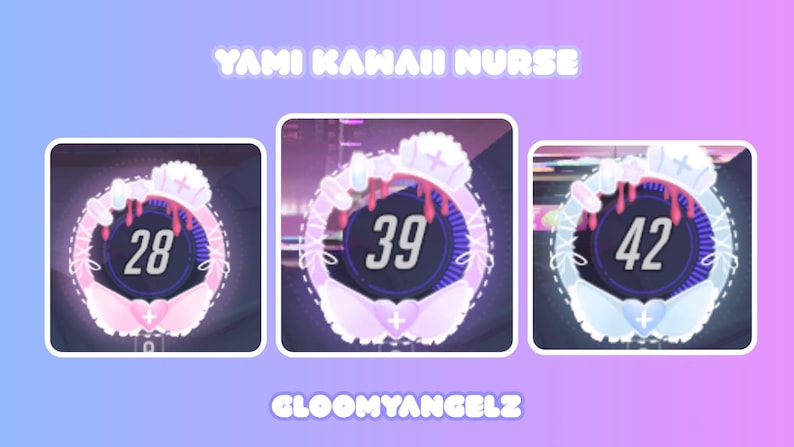 Puede incluir: Tres obras de arte digital con tem&aacute;tica de enfermera. Cada una presenta un dise&ntilde;o circular con un n&uacute;mero en el interior, rodeado por un gorro de enfermera y elementos m&eacute;dicos. Tambi&eacute;n est&aacute; presente el texto "YAMI KAWAII NURSE" y "GLOOMYANGELZ".