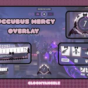 Op de afbeelding: Een digitale overlay voor een videogame, met een paars en zwart ontwerp. De overlay toont gezondheidsbalken, vaardigheidspictogrammen en een timer. Tekst op de overlay luidt "SUCCUBUS MERCY OVERLAY" en "MENHERA!". De achtergrond is een stadsgezicht.