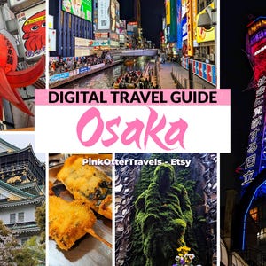 Puede incluir: Una guía de viaje digital para Osaka, Japón, con un collage de imágenes. Incluye una linterna de pulpo roja, el Castillo de Osaka, Kushikatsu, una estatua cubierta de musgo y la Torre Tsutenkaku. El título de la guía es rosa.