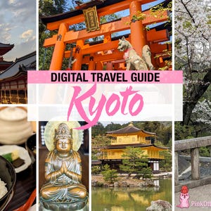 Peut inclure: Un guide de voyage numérique pour Kyoto, Japon, présentant un collage de monuments emblématiques. Les images incluent une pagode, des portes torii orange, un temple doré, une statue et une personne en kimono. Le texte "Digital Travel Guide" et "Kyoto" sont affichés.