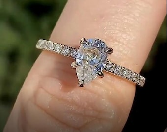 Pear Moissanite Engagement Ring, Diamond Pave Band, Hidden Halo