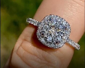 Cushion Halo Moissanite Engagement Ring, Gold Wedding Ring